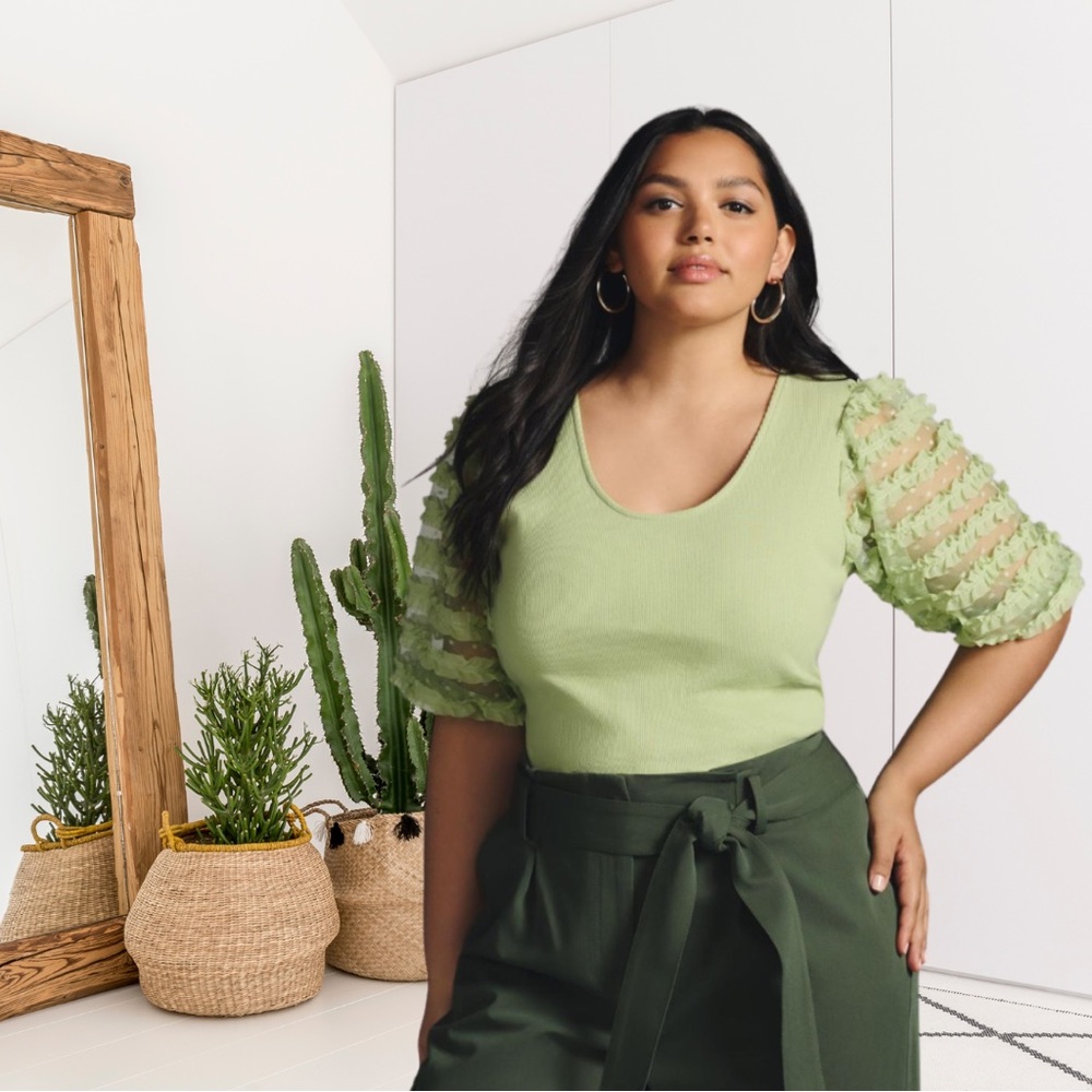 Dolan Short Sheer Puff Ruffle Sleeve Ribbed Top - Picture 2 of 12